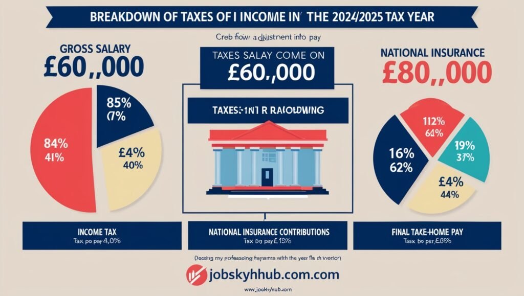 Infographic displaying the breakdown of taxes on a £60,000 income, including income tax, national insurance, and net take-home pay for the 2024/2025 tax year.