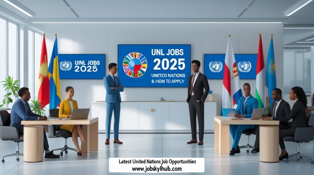 Modern United Nations headquarters building with global flags, symbolizing international career opportunities through UNL Jobs 2025 – JobSkyHub.com