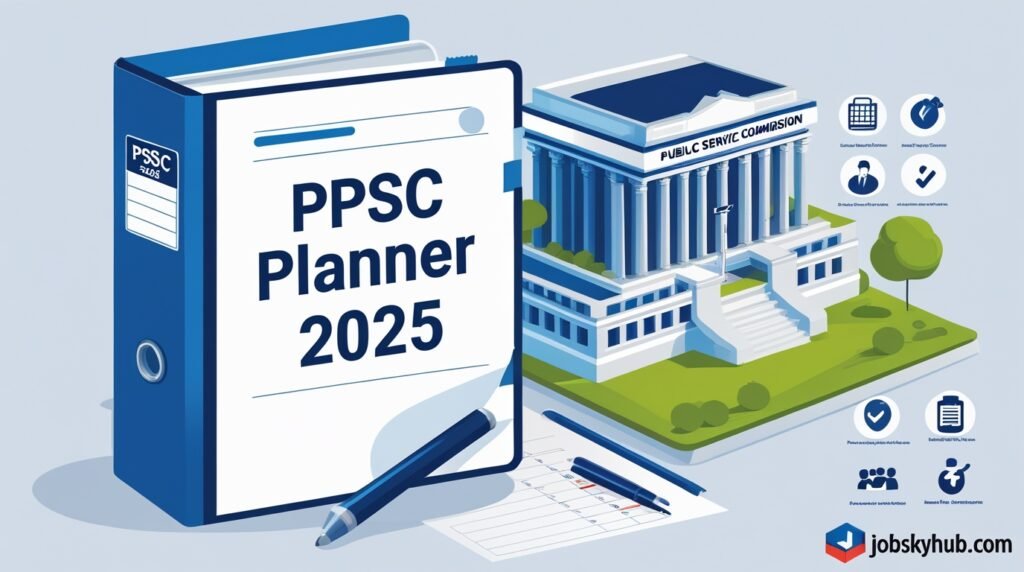 Visual representation of PPSC recruitment process, eligibility criteria, and exam dates for 2025, designed with JobSkyHub.com watermark."