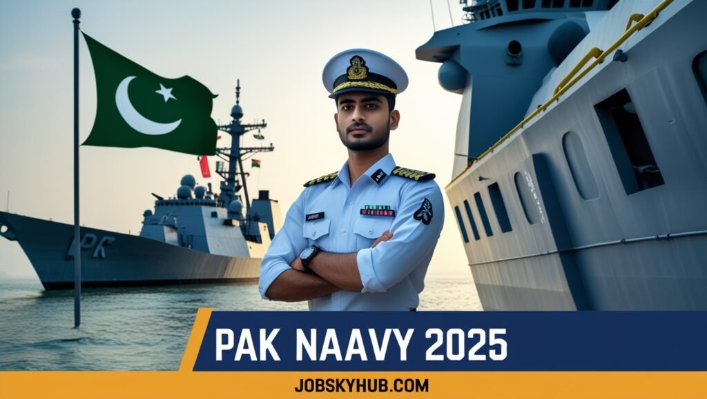 Join Pak Navy 2025 – Young Pak Navy officer standing proudly on battleship during sunrise, representing discipline and honor.