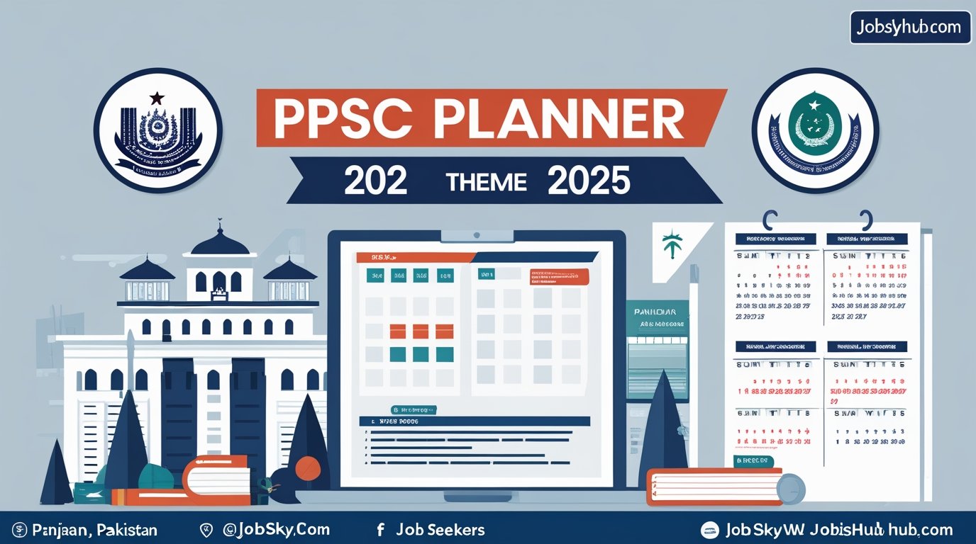 Official PPSC Planner 2025 with exam schedule, calendar, and Punjab Public Service Commission building illustration, featuring JobSkyHub.com branding
