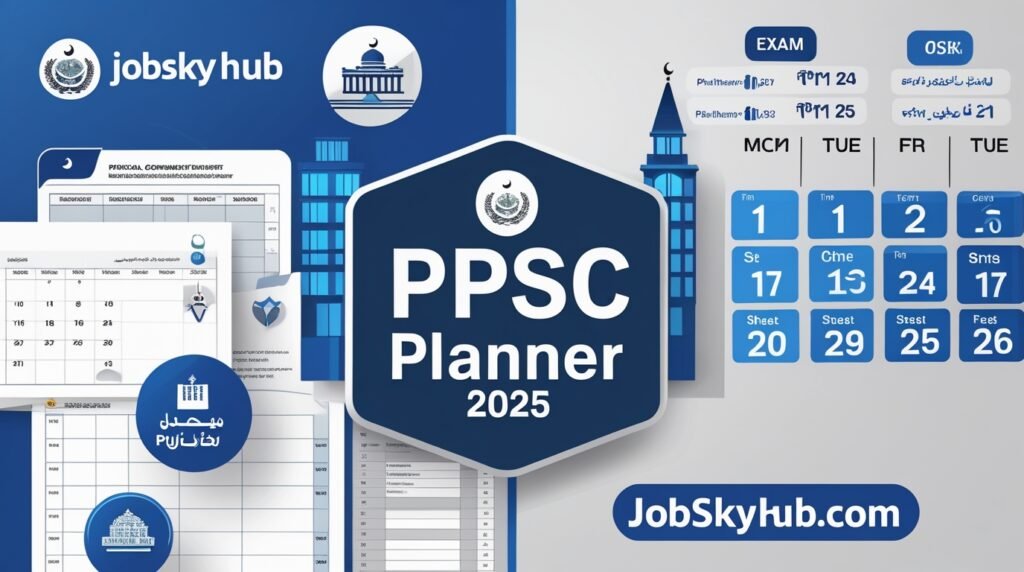 Official PPSC Planner 2025 showcasing exam schedule and Punjab Public Service Commission logo with JobSkyHub.com branding.