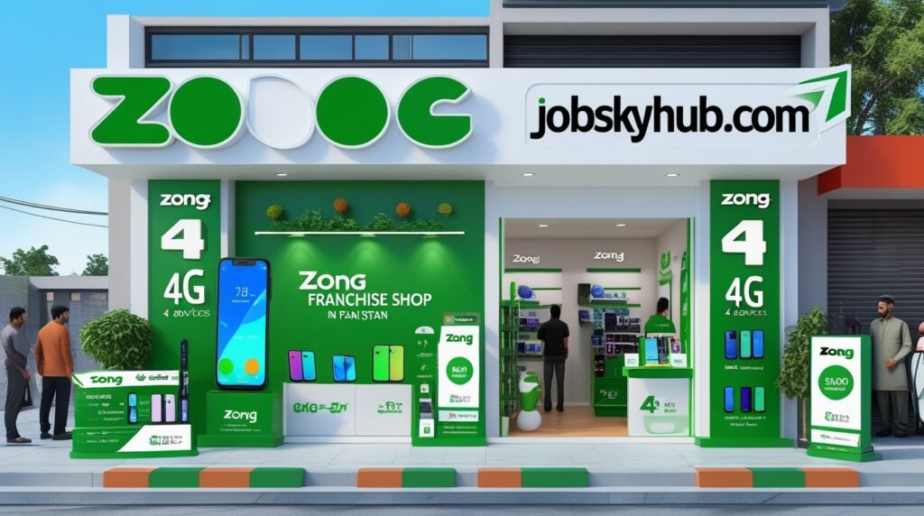 Interior of a Zong franchise store in Pakistan featuring customer service counters, mobile devices, and JobSkyHub.com promotional materials."
