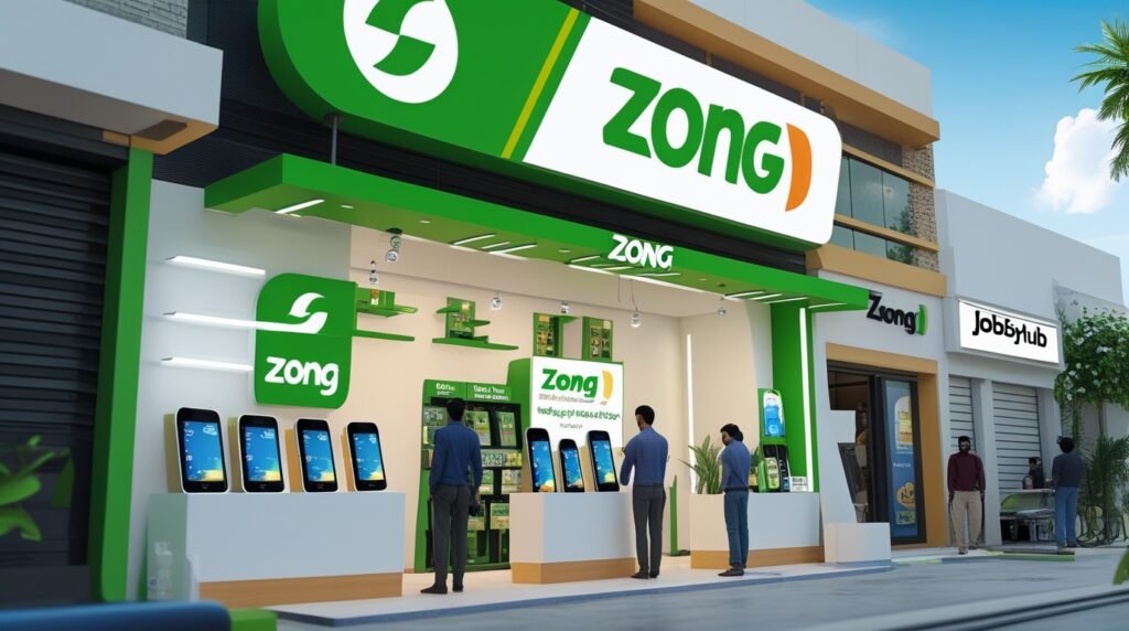Front view of a Zong franchise outlet in Pakistan with JobSkyHub.com branding, showing the shop's signage and welcoming entrance