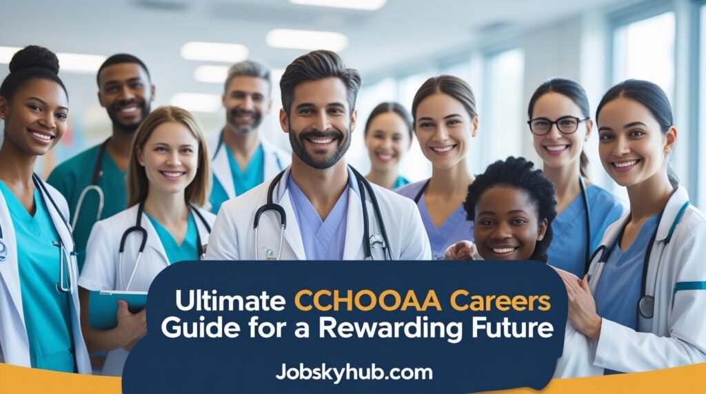 Administrative staff and healthcare professionals collaborating in a modern CHOA office environment, symbolizing diverse roles in choa careers.