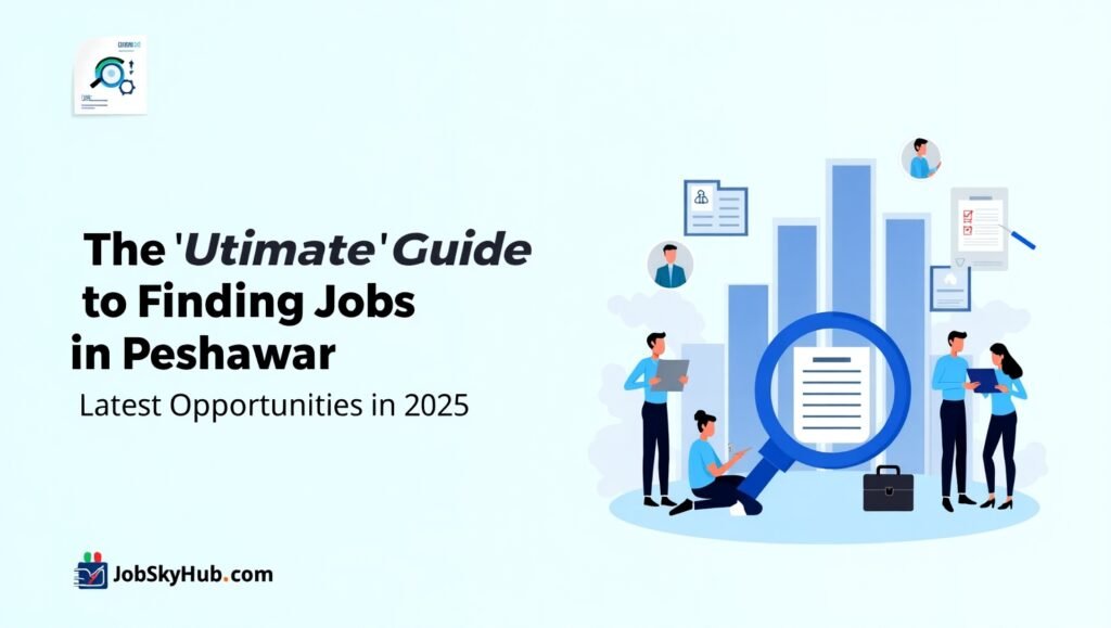 2025 jobs in Peshawar illustration with interview scenes, laptops, career icons, and blog title by JobSkyHub.com