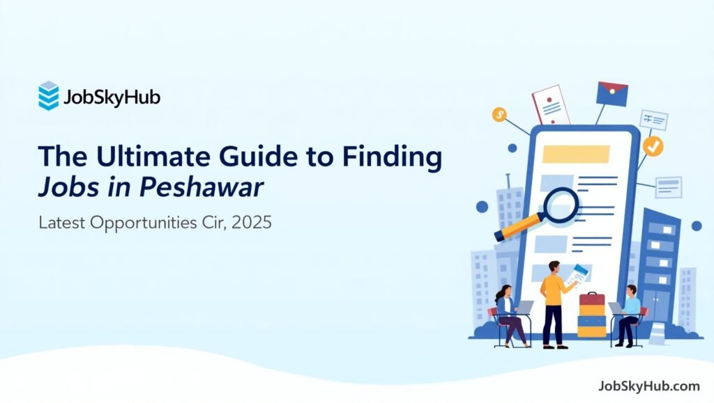 Professional job search banner showing people applying for jobs in Peshawar with title text and website JobSkyHub.com