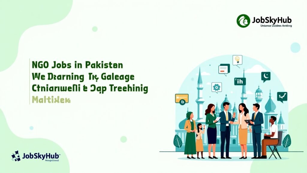 Diverse group of men and women in Pakistan reviewing NGO career options for 2025, with background symbols representing education, healthcare and disaster relief sectors. Career guide published by JobSkyHub.com