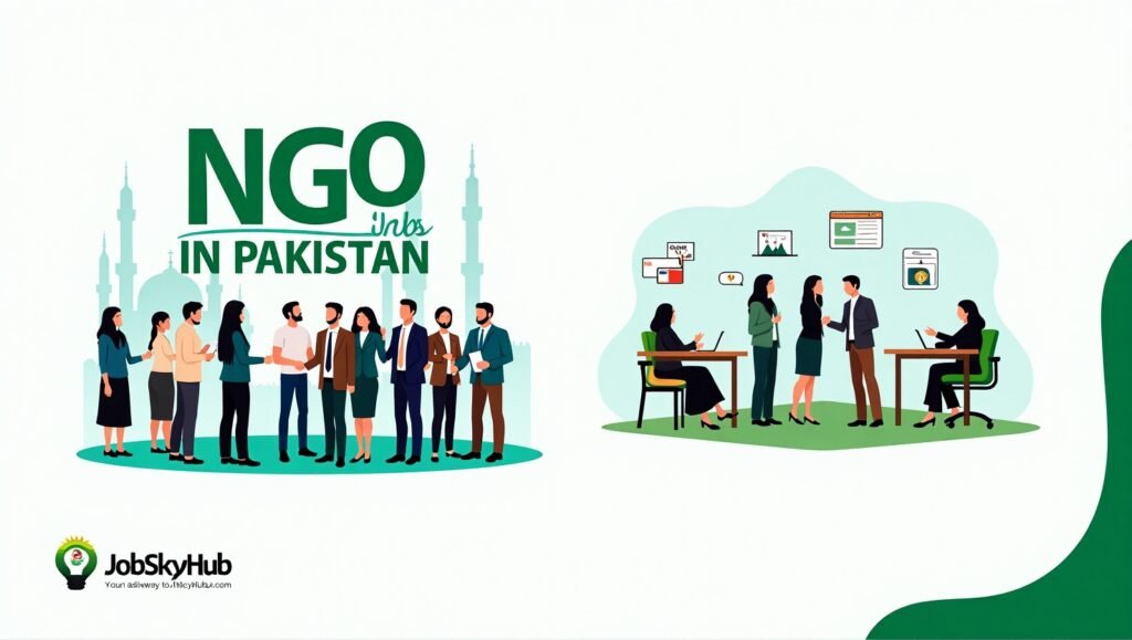 Pakistani professionals discussing NGO job opportunities for 2025 with education and healthcare icons. Source: JobSkyHub.com