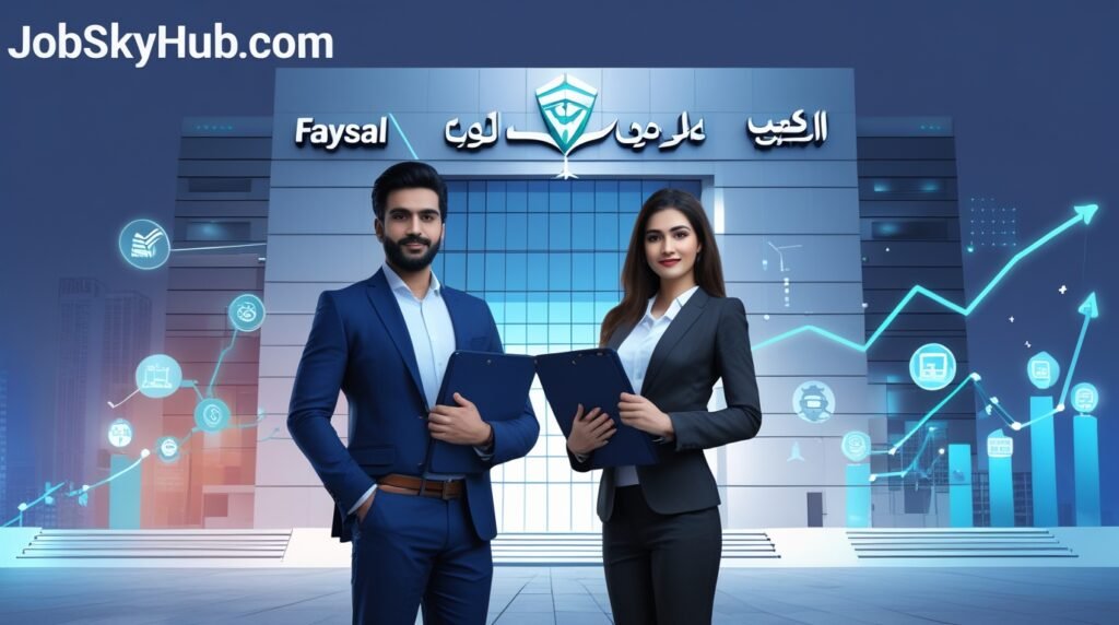 Faysal Bank careers - friendly staff assisting customers at a modern branch