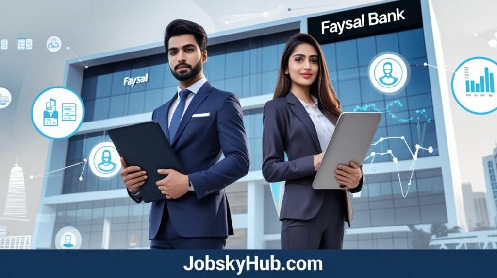 Professional Faysal Bank staff assisting customers at a modern banking branch in Pakistan