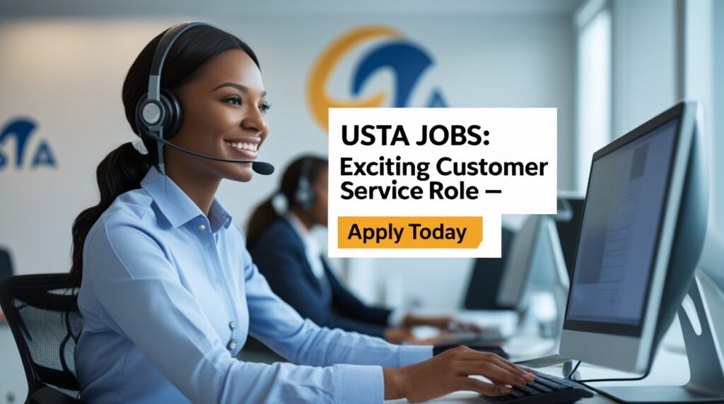 Confident female customer service agent wearing headset, representing USTA job opportunity at a professional office desk.