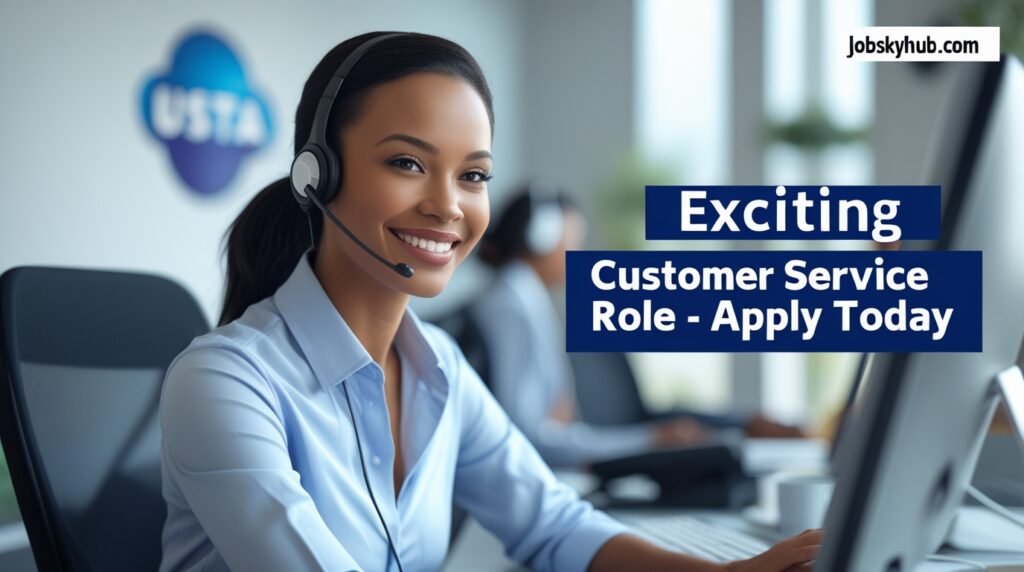 Young professional applying for USTA jobs on laptop, highlighting online application process for customer service roles.