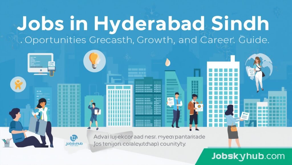Hyderabad Sindh skyline with professionals working in IT, healthcare, and education sectors highlighting jobs in Hyderabad Sindh.