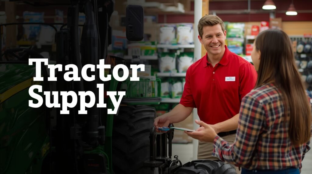 Tractor Supply sales associate helping a customer with farm supplies inside the store
